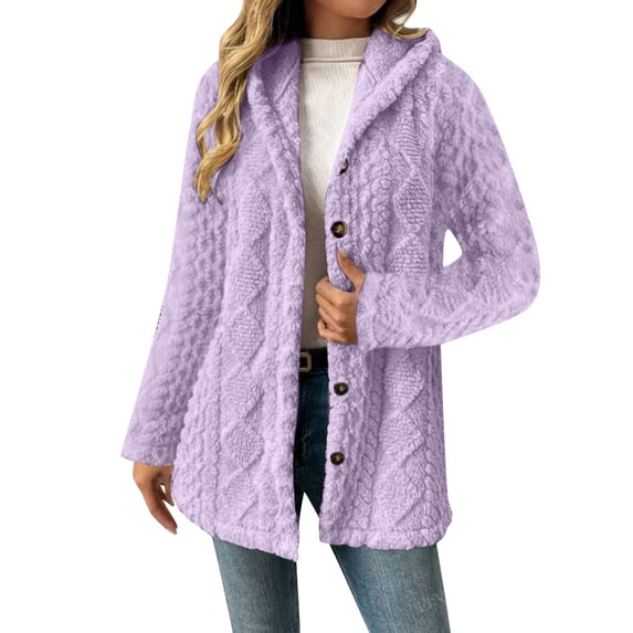 Womens Sherpa Hooded Coat Button Up Flannel Plush Winter Fall Jacket with Hood Casual Warm Sweater Cardigans (L, Purple)