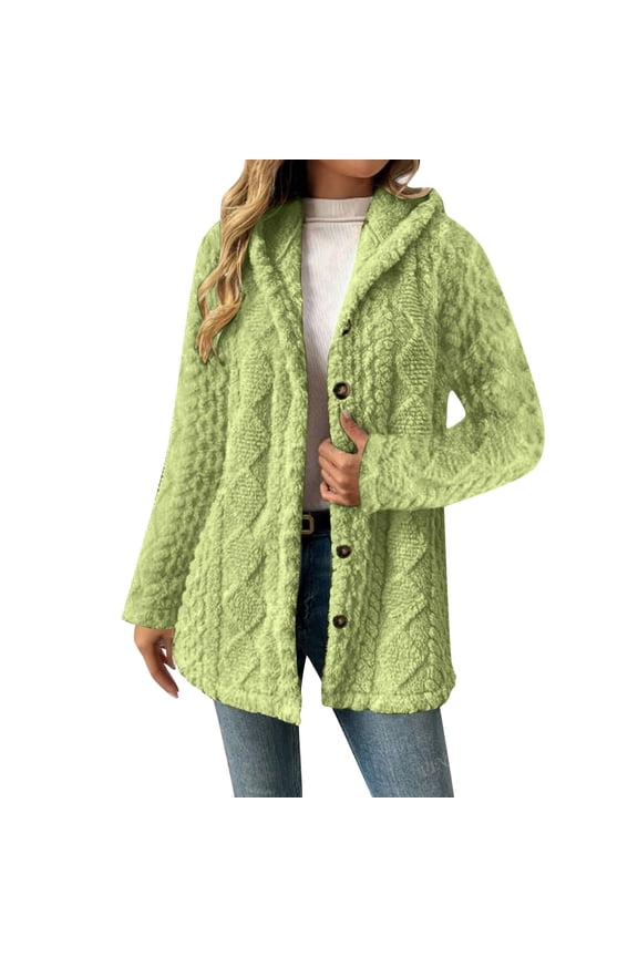 Womens Sherpa Hooded Coat Button Up Flannel Plush Winter Fall Jacket with Hood Casual Warm Sweater Cardigans (XL, Green)