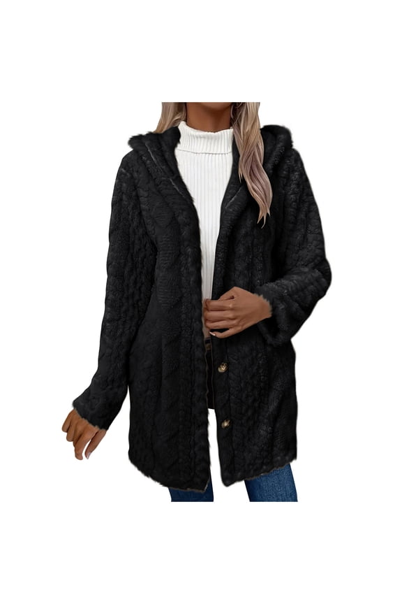 Womens Sherpa Jacket with Hood, Comfy Open Front Fleece Faux Fur Cardigans Winter Outerwear with Side Button
