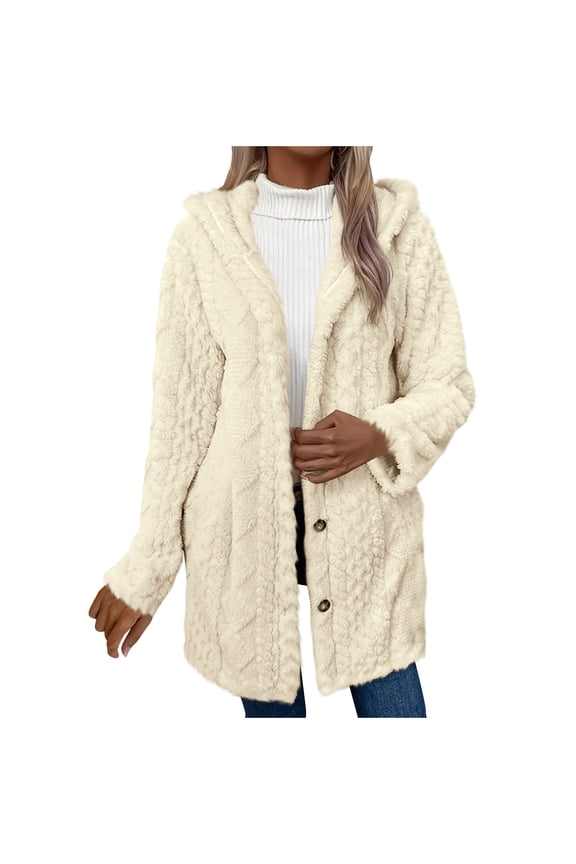 Womens Sherpa Jacket with Hood, Comfy Open Front Fleece Faux Fur Cardigans Winter Outerwear with Side Button