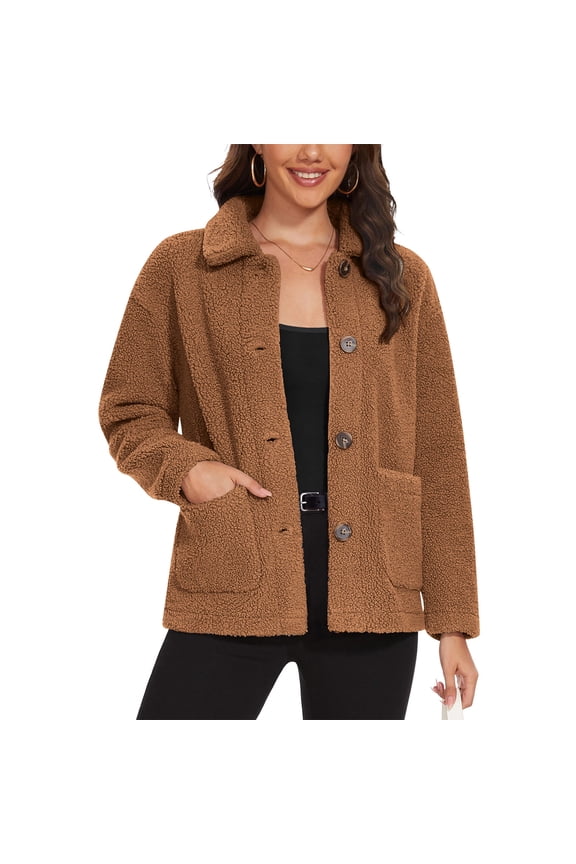 Womens Sherpa Jackets Button Down Fuzzy Fleece Jacket Long Sleeve Teddy Coat Plush Solid Color Warm Lambswool Coat Winter Warm Outwear with Pockets