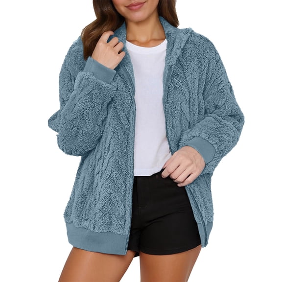 Womens Sherpa Jackets Fuzzy Fleece Long Sleeve Zip Up Textured Winter Coat Fluffy Open Front Comfy Warm Loose Fit Sweaters