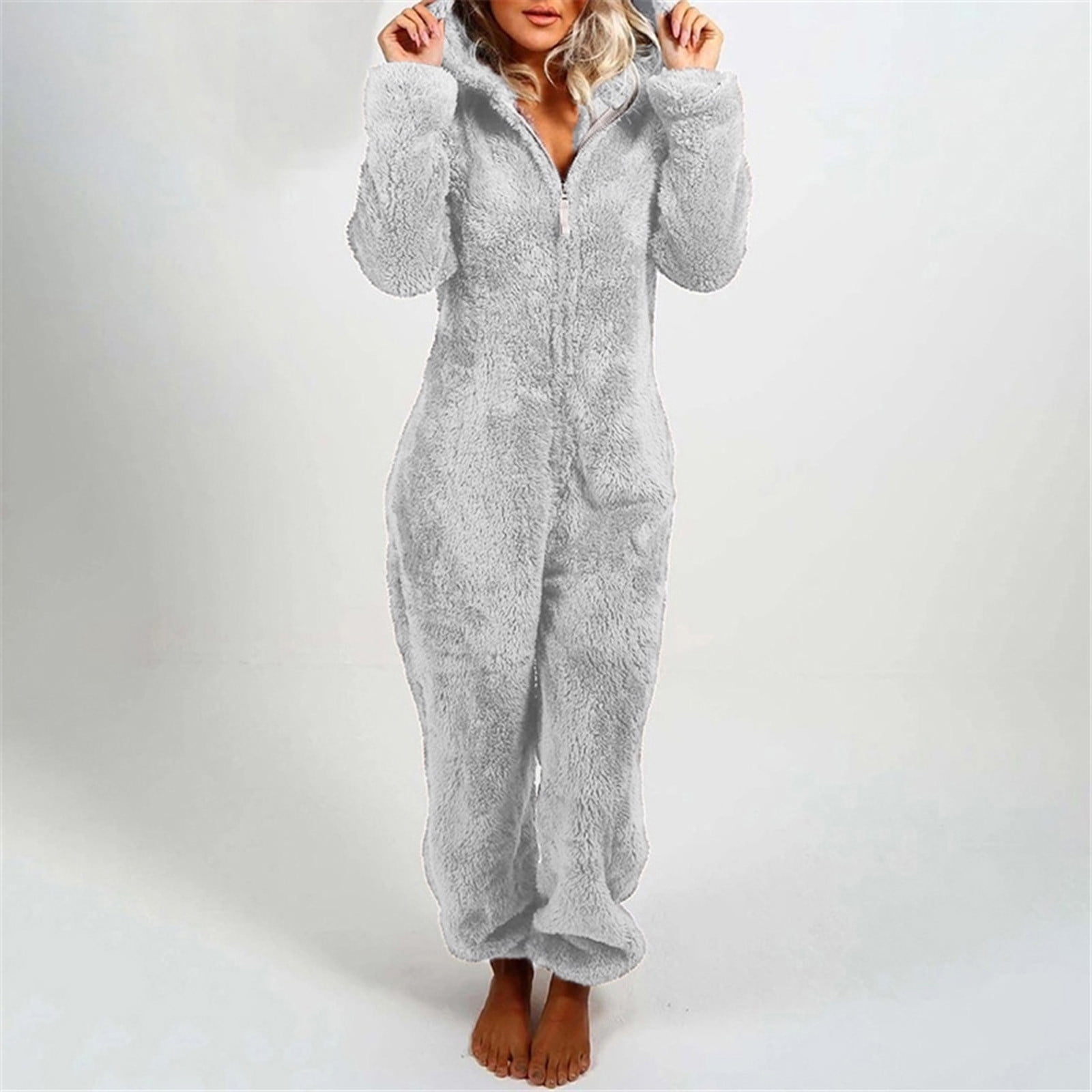 Womens Sherpa Jumpsuit,2023 Women's Fuzzy Pajamas Long Sleeve Adult Cat Ears Onesie Pajamas for Women Fleece Winter One-Piece Zipper Hooded Rompers Plush Sleepwear Loungewear