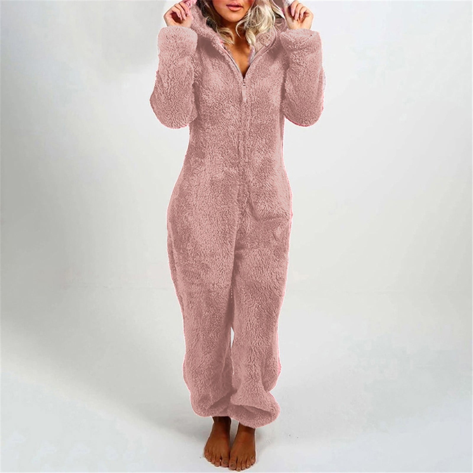 Womens Sherpa Jumpsuit,2024 Women's Fuzzy Pajamas Long Sleeve Adult Cat Ears Onesie Pajamas for Women Fleece Winter One-Piece Zipper Hooded Rompers Plush Sleepwear Loungewear