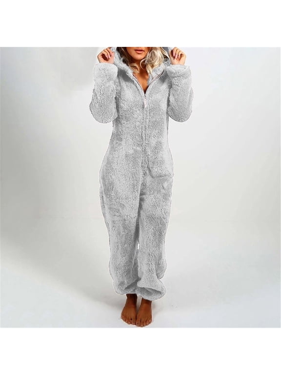 Womens Sherpa Jumpsuit,Women's Fuzzy Pajamas Long Sleeve Adult Cat Ears Onesie Pajamas for Women Fleece Winter One-Piece Zipper Hooded Rompers Plush Sleepwear Loungewear
