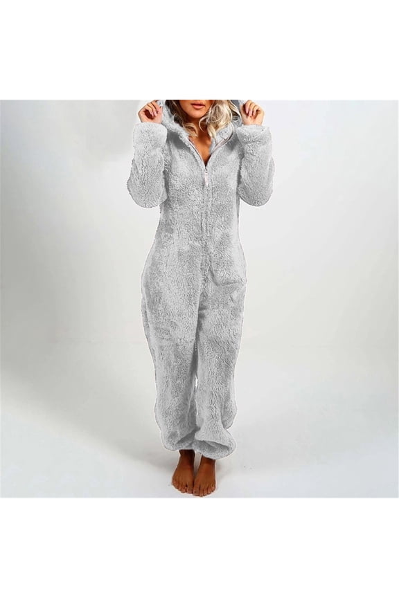 Womens Sherpa Jumpsuit,Women's Fuzzy Pajamas Long Sleeve Adult Cat Ears Onesie Pajamas for Women Fleece Winter One-Piece Zipper Hooded Rompers Plush Sleepwear Loungewear
