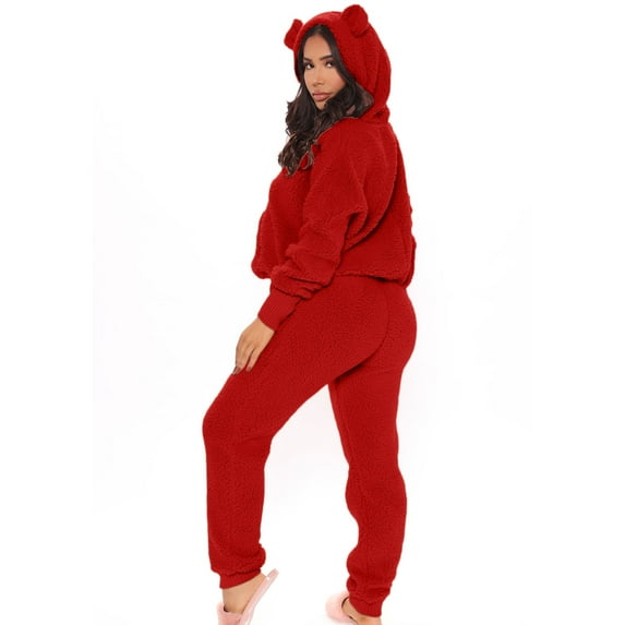 Womens Sherpa Jumpsuit,Women's Fuzzy Pajamas Long Sleeve Adult Cat Ears Onesie Pajamas for Women Fleece Winter One-Piece Zipper Hooded Rompers Plush Sleepwear Loungewear