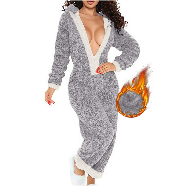 Womens Sherpa Jumpsuit,Women's Fuzzy Pajamas Long Sleeve Adult Cat