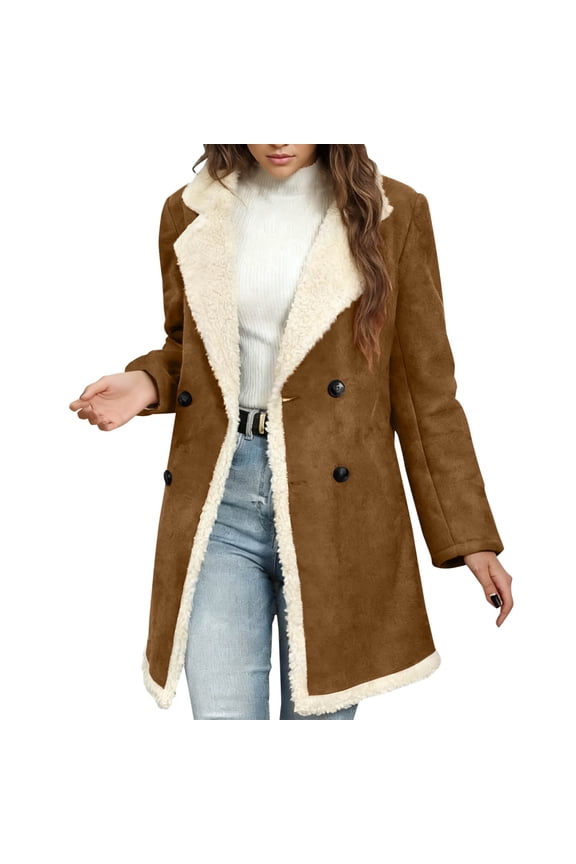 Womens Sherpa Lined Faux Suede Jacket Fall Winter Fur Leather Double Breasted Fuzzy Fleece Long Jacket Overcoat