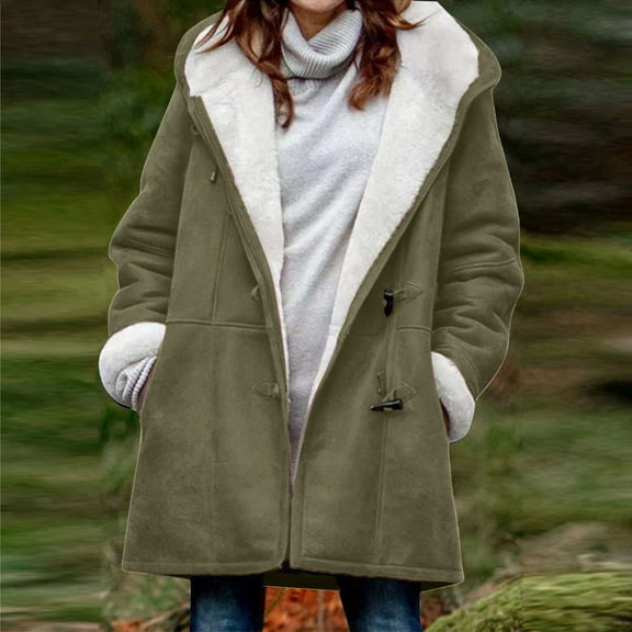 Womens Sherpa Lined Jackets Plus Size Winter Coats Faux Suede Pea Coat Warm Fleece Parka Outerwear Fashion Womens Warm Coat Jacket Winter Button Solid Long Sleeve Outerwear