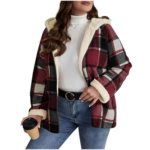 Womens Sherpa Lined Plaid Jacket Casual Full Zip Hooded Shacket Coat Fall Winter Fashion Oversized Warm Outerwear Coat