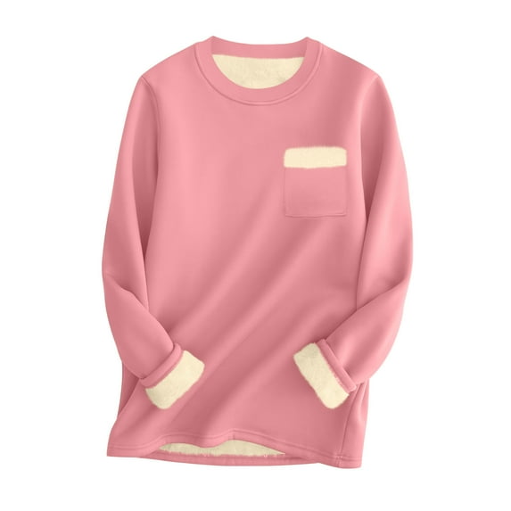 Womens Sherpa Lined Tunic Tops, Long Sleeve Pullover for Women Fall Warmth Fleece Solid Color Crewneck Sweatshirts with Pockets S-2XL