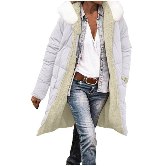 Womens Sherpa Long Jackets Fleece Lined Reversible Overcoats Trendy Winter Warm Puffer Coats Zipper Hooded Outwear (M, White)