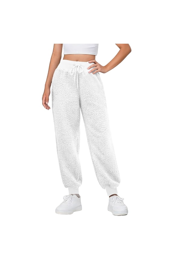 Womens Sherpa Pants Plus Velvet Padded Solid Color Drawstring Furry Lounge Trousers Casual Warm Fleece Thickened Pant White XL