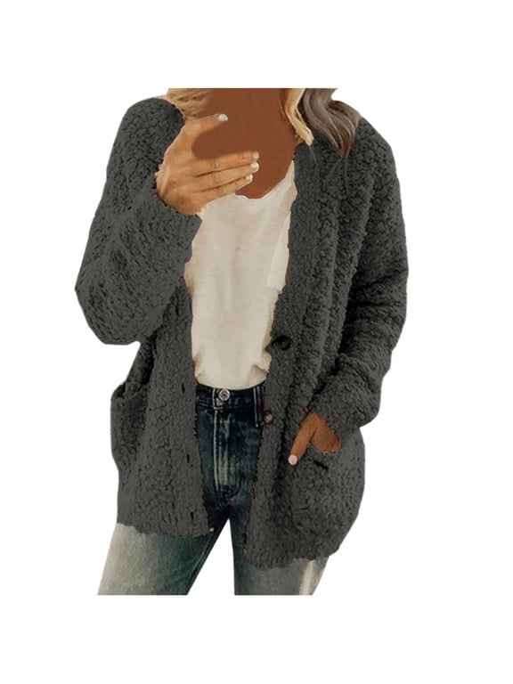 Womens Sherpa Shacket Jacket Fleece Button Down Cardigan Long Sleeve Faux Fur Warm Fall Winter Outwear Fuzzy Fluffy Short Coats with Pockets Ladies Plus Size 8-22