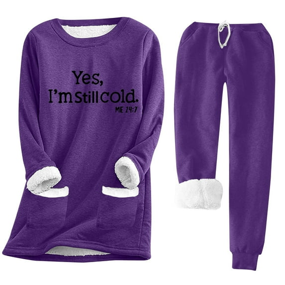 FAVIPT Womens Fleece Sweatsuits Sets Plus Size Sweat Suit 2 Piece Set Outfit for Women Yes I'm Still Freezing Me 24 7 Fleece Women Pullover Tops Winter Warm Sweatpants