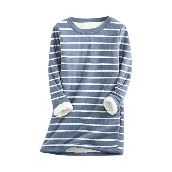 Womens Sherpa Thermal Fleece Lined Tops Long Sleeve Striped Sweatshirt Underwear Thick Warm Base Winter Sweater