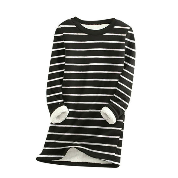 Womens Sherpa Thermal Fleece Lined Tops Long Sleeve Striped Sweatshirt Underwear Thick Warm Base Winter Sweater