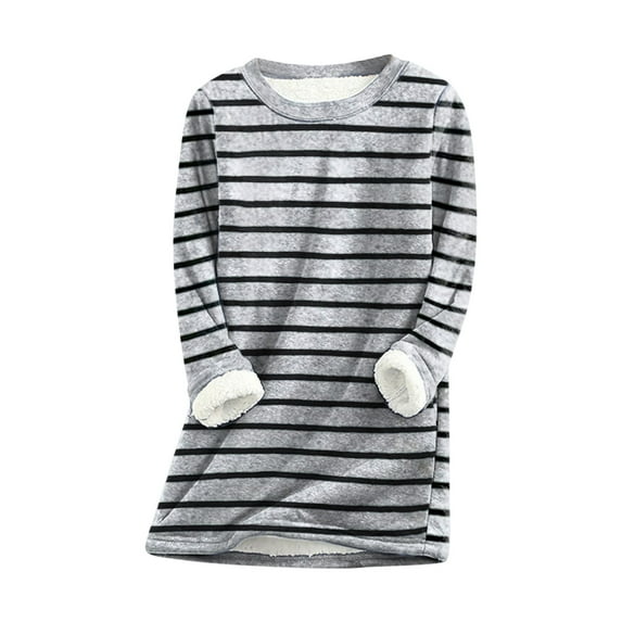 Womens Sherpa Thermal Fleece Lined Tops Long Sleeve Striped Sweatshirt Underwear Thick Warm Base Winter Sweater