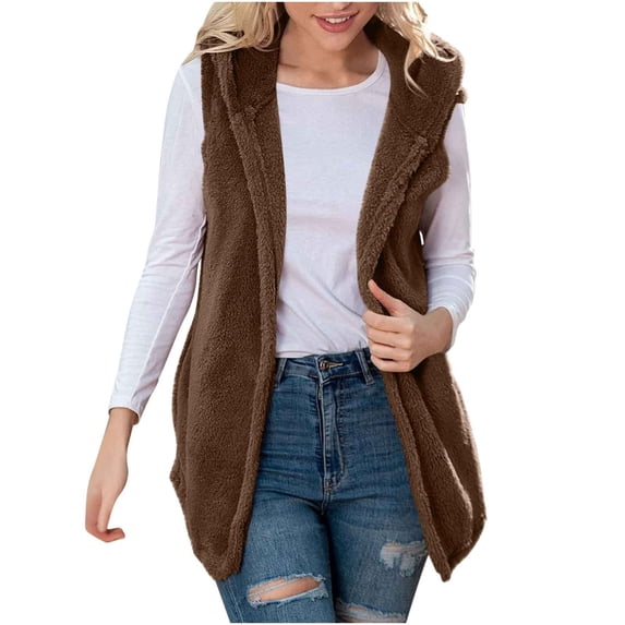 Womens Sherpa Vest Fleece Sleeveless Open Front Hooded Outerwear Vests Casual Warm Long Loose Outerwears Brown XXL
