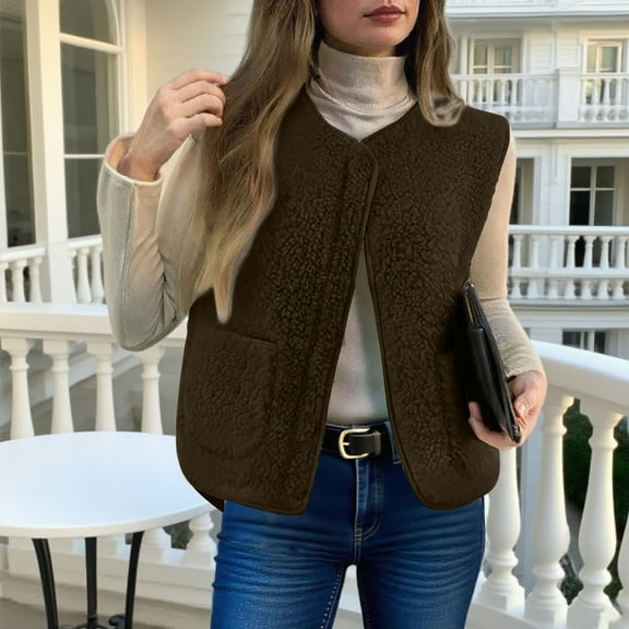 Womens Sherpa Vest Sleeveless Button Down/Zip Up Cropped Gilet Soft Fitted Fall Winter Warm Casual Jacket with Pockets