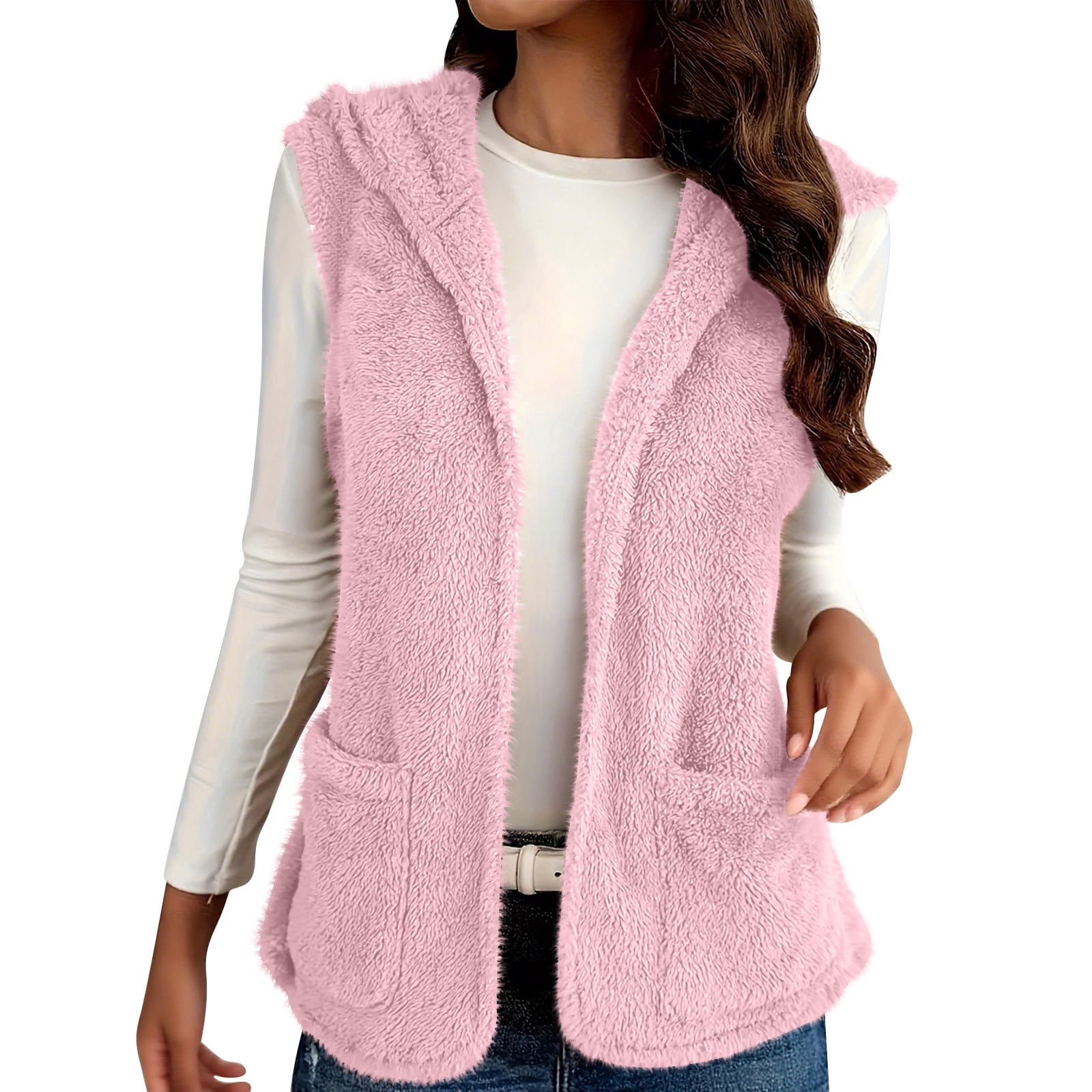 Yihaojia Women's Fuzzy Sherpa Fleece Vest - Lightweight Sleeveless Cardigan Waistcoat With Pocket - View #7