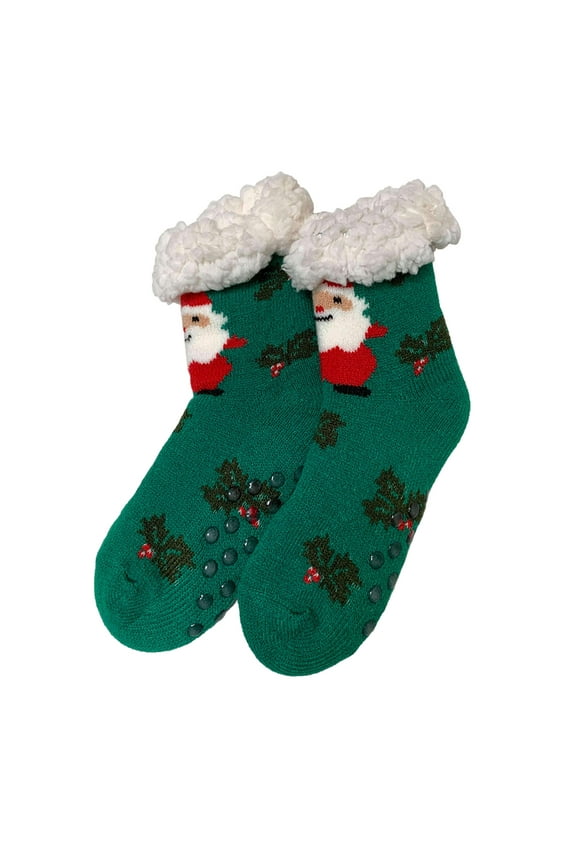 Womens Sherpa Winter Warm Thermal Non-Skid Fuzzy Slipper Socks - 6-8, Santa Green, 1 Pair