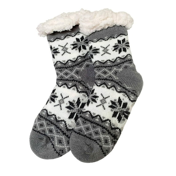 Womens Sherpa Winter Warm Thermal Non-Skid Fuzzy Slipper Socks - 6-8, Snowflake Grey, 1 Pair