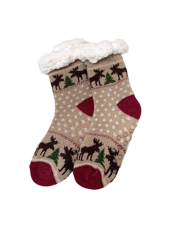 Womens Sherpa Winter Warm Thermal Non-Skid Fuzzy Slipper Socks - 9-11, Moose Taupe, 1 Pair