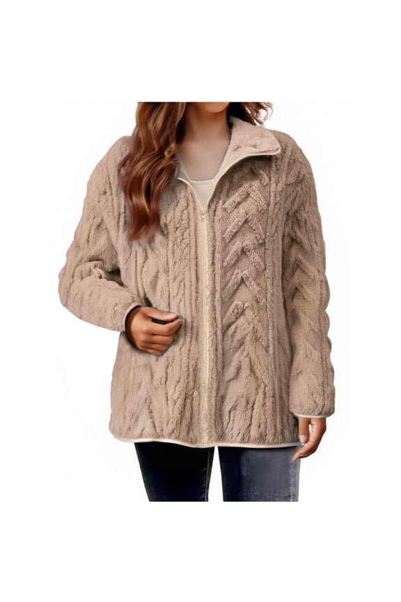 Womens Sherpa Zip Up Jackets Oversized Cable Knit Stand Collar Sweaters Long Sleeve Lapel Warm Fuzzy Jackets Coats