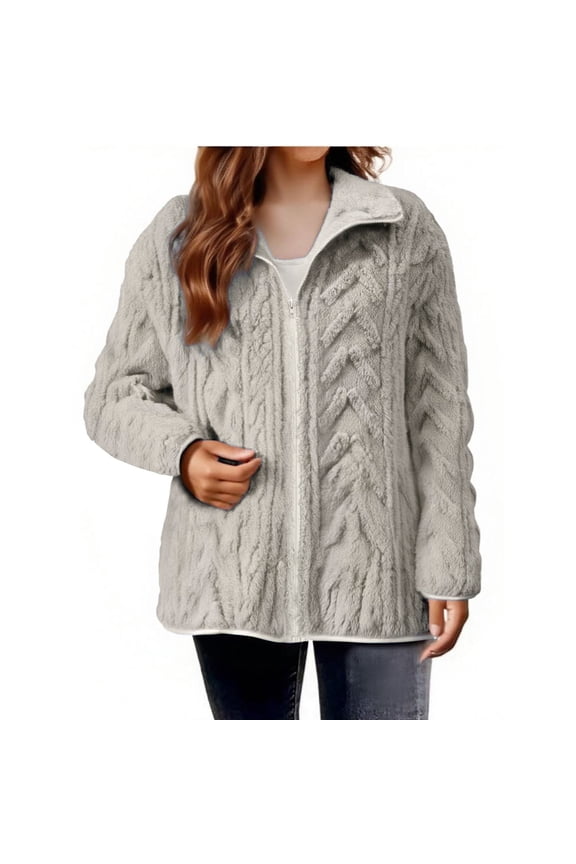 Womens Sherpa Zip Up Jackets Oversized Cable Knit Stand Collar Sweaters Long Sleeve Lapel Warm Fuzzy Jackets Coats