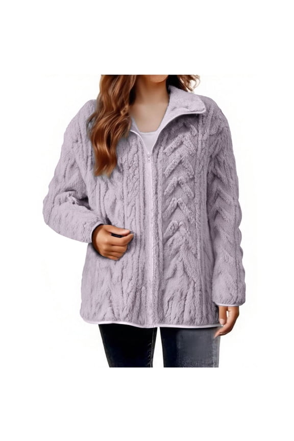 Womens Sherpa Zip Up Jackets Oversized Cable Knit Stand Collar Sweaters Long Sleeve Lapel Warm Fuzzy Jackets Coats