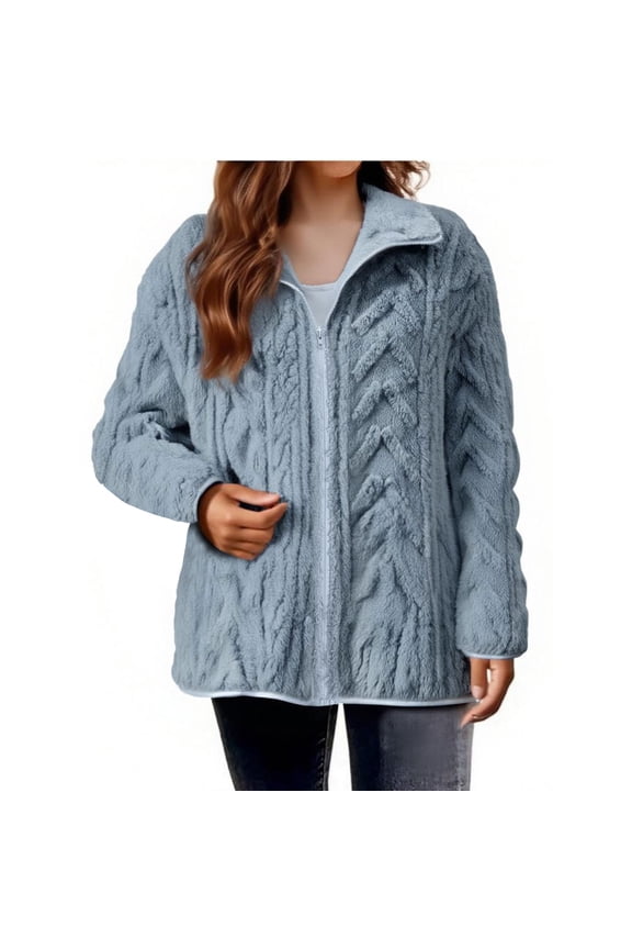 Womens Sherpa Zip Up Jackets Oversized Cable Knit Stand Collar Sweaters Long Sleeve Lapel Warm Fuzzy Jackets Coats