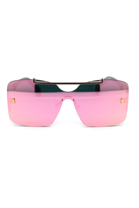 Womens Shield Oversize Mobster Rimless Flat Top Bridge Sunglasses Gold Pink Mirror