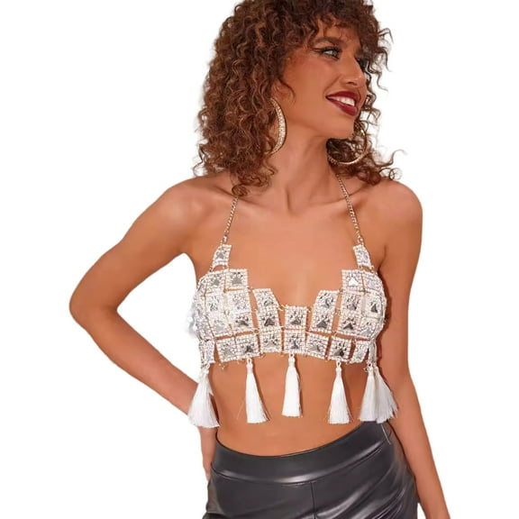 Womens Shimmering Dog Claw Sequins Halterneck Crop Top with Fringe Tassels Beach Parties Body Jewelry Accessory Bra Top