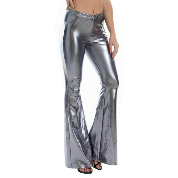 Womens Shinny Metallic Flared Pants High Waist Stretchy Bell Bottom Pants Wet Look Wide Leg Pants Trousers Club Wear