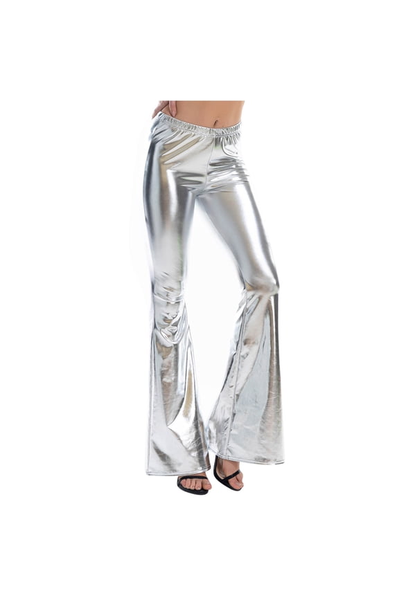 Womens Shinny Metallic Flared Pants High Waist Stretchy Bell Bottom Pants Wet Look Wide Leg Pants Trousers Club Wear