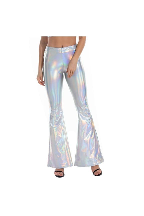 Womens Shinny Metallic Flared Pants High Waist Stretchy Bell Bottom Pants Wet Look Wide Leg Pants Trousers Club Wear