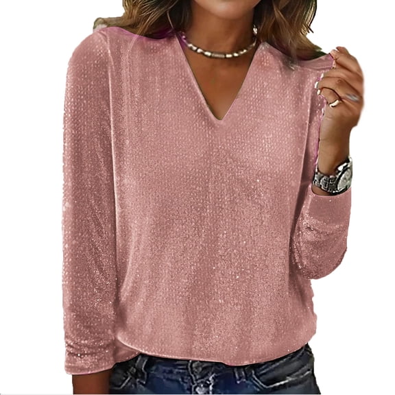 Womens Shinny Sequin Shirts V Neck Shirt, Fashion Loose Tops, Glitter Top Trendy Dressy Blouses