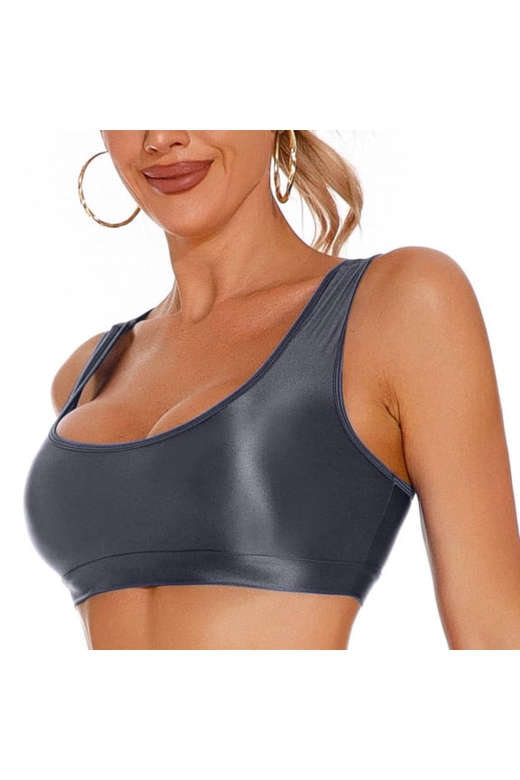 Womens Shiny Crop Tank Top Oil Glossy Shimmery Bra Tops Seamless Smooth Racerback Crop Tank Top Deep U Neckline Sports Vest Bras Bustier Clubwear