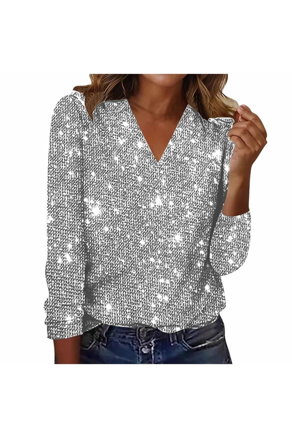 Womens Shiny Fall Clothes, Sparkly Tops for Women Fashion Loose Fit Solid Color Sequins V Neck Long Sleeve Shirts