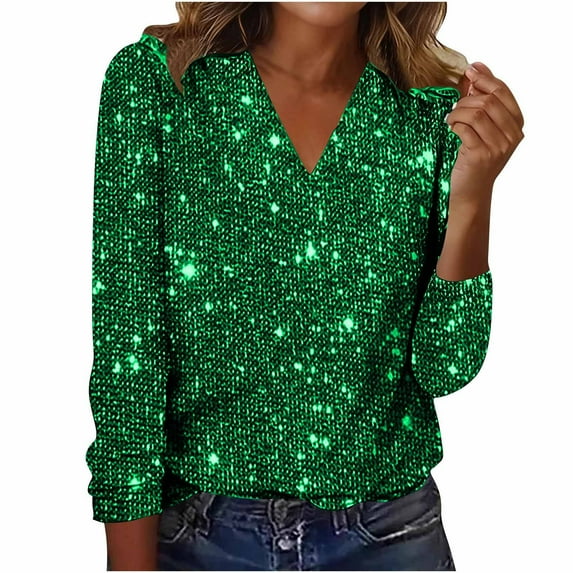 Womens Shiny Fall Clothes, Sparkly Tops for Women Fashion Loose Fit Solid Color Sequins V Neck Long Sleeve Shirts
