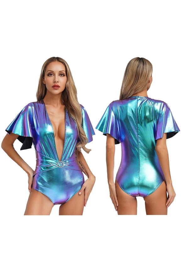 Womens Shiny Metallic Bodysuit For Pole Dancing Deep V Ruffle Sleeve Slim Fit Holographic Party Club Wear