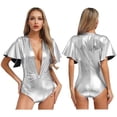 thumbnail image 1 of Womens Shiny Metallic Bodysuit For Pole Dancing Deep V Ruffle Sleeve Slim Fit Holographic Party Club Wear, 1 of 7