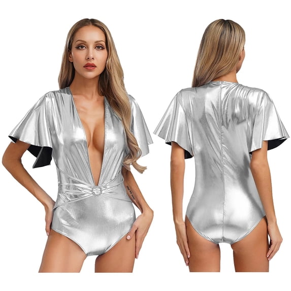 Womens Shiny Metallic Bodysuit For Pole Dancing Deep V Ruffle Sleeve Slim Fit Holographic Party Club Wear