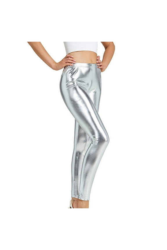 Womens Shiny Metallic Elastic Waist Stretchy Leggings Wet Look Night Club Wear Skinny Pants Trousers for Dance Festival