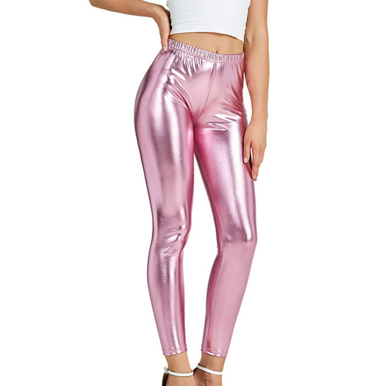 Womens Shiny Metallic Elastic Waist Stretchy Leggings Wet Look Night Club  Wear Skinny Pants Trousers for Dance Festival