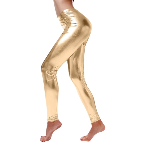 Womens Shiny Metallic Faux Leather Skinny Leggings, High Waist Stretch Tight Pants for Party Club Gold XL