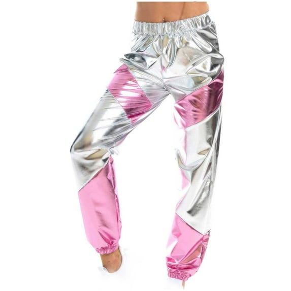 Womens Shiny Metallic High Waist Stretchy Jogger Pants, Hip Hop Club Wear Holographic Color Trouser Sweatpant Streetwear
