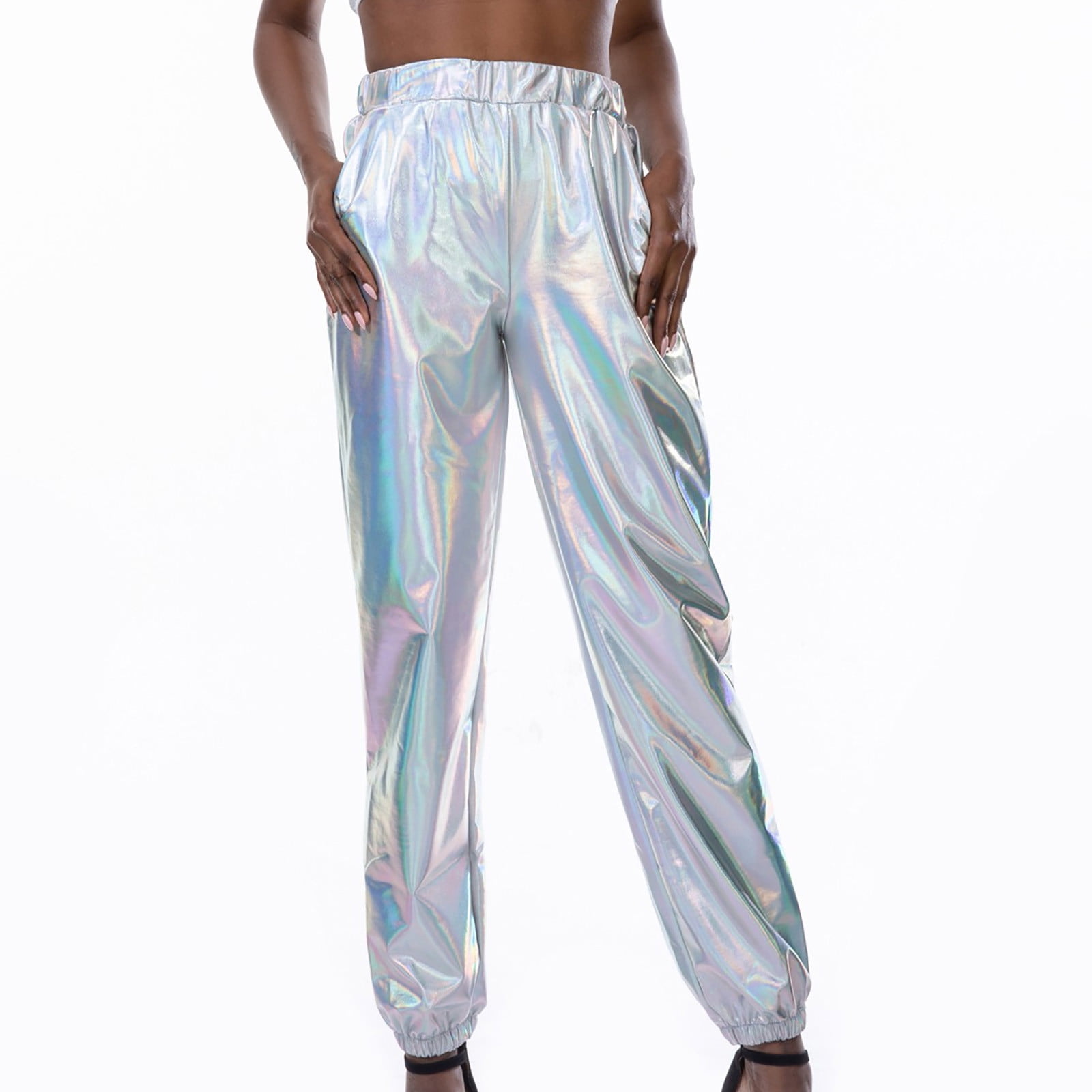 Womens Shiny Metallic High Waist Stretchy Jogger Pants Hip Hop Club Wear Holographic Trousers Sweatpant
